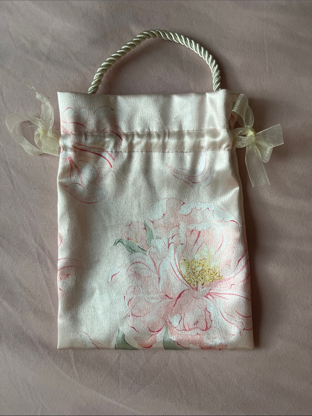 Floral Satin Drawstring phone pouch in Light Pink